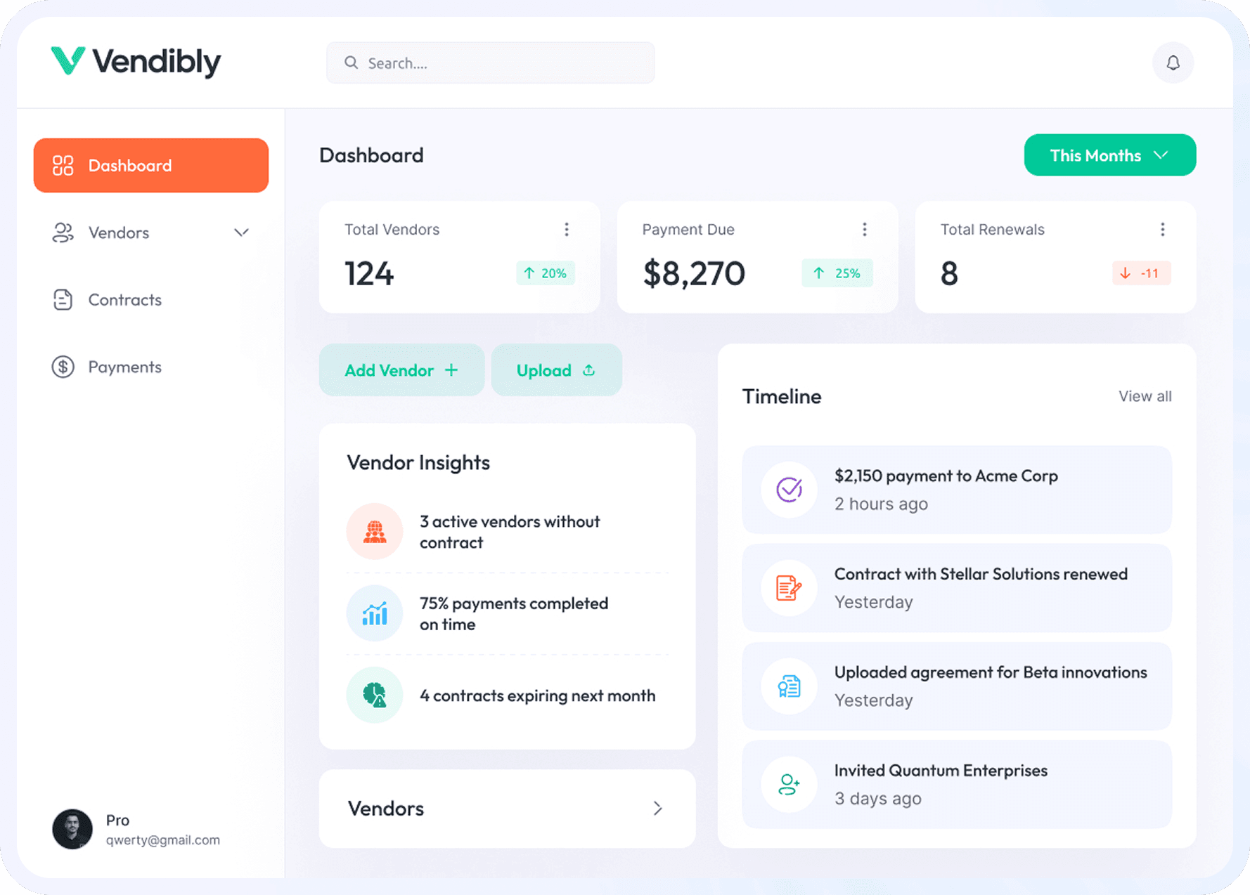 Vendibly dashboard showing subscriptions, invoices, and renewal dates organized automatically.